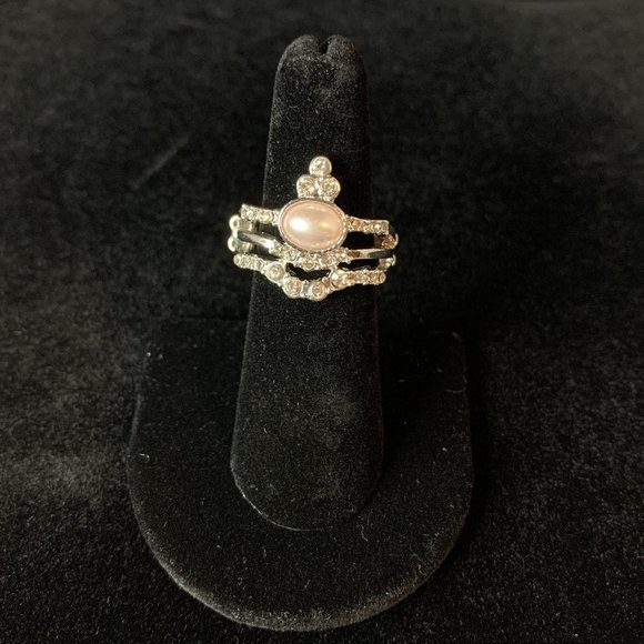 Faux Peal and Diamond Crown Silver Tone Ring - Picture 1 of 2